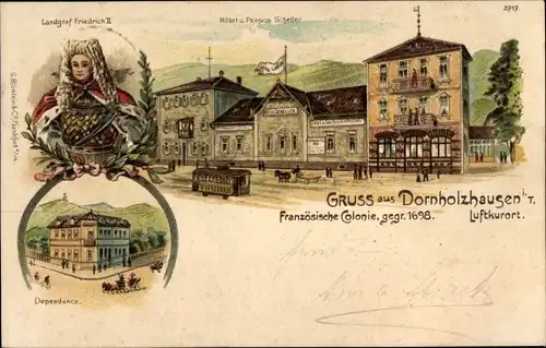 Litho Dornholzhausen Bad Homburg im Taunus, Landgraf Friedrich II., Dependance, Hotel Scheller