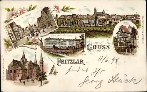 Litho Fritzlar im Schwalm Eder Kreis, Kasino, Dom, Kloster, Marktplatz, Totalansicht