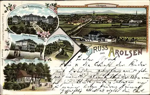 Litho Bad Arolsen in Hessen, Neues Schloss, Schloss Waldeck, Fischhaus, Fürstl. Residenzschloss