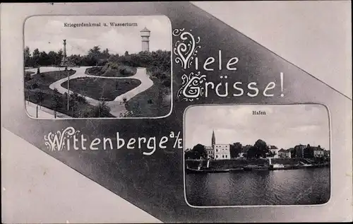 Ak Wittenberge an der Elbe Prignitz, Kriegerdenkmal, Wasserturm, Hafen