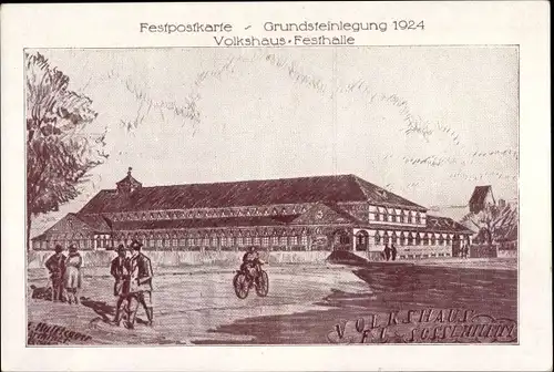 Künstler Ak Sossenheim Frankfurt am Main. Volkshaus-Festhalle, Grundsteinlegung 1924