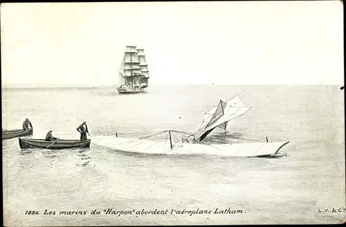 Ak Les marins du Harpon abordent l'aéroplane Latham, Absturz, Flugzeug, Segelschiff