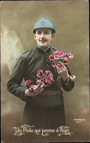 Ak Soldat in Uniform, Portrait, Stiefmütterchen, Un Poilu qui pense a vous
