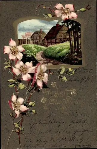 Passepartout Litho Glückwunsch, Blühende Blumen, Dorfansicht, Wohnhäuser