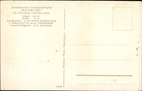 Ak Zweischrauben-Turbinendampfer Hamburg, HAPAG