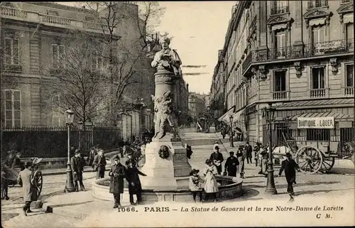 Ak Paris IX. Arrondissement Opéra, La Statue de Gavarni et la rue Notre Dame de Lorette