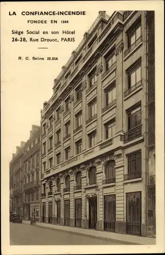 Ak Paris IX. Arrondissement Opéra, La Confiance Incendie, Siege Social et son Hotel, Rue Drouot
