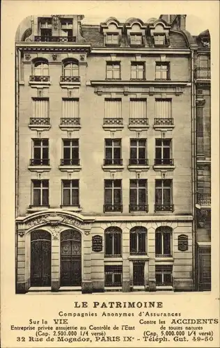 Ak Paris IX., Le Patrimoine, Compagnie Anonymes d'Assurances, Rue de Mogador