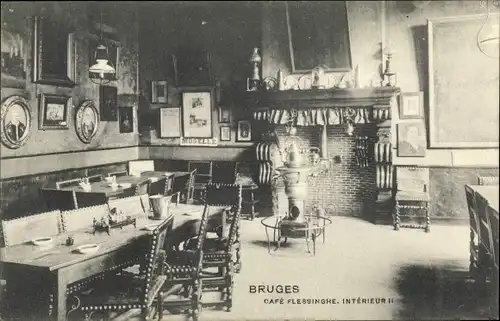 Ak Bruges Brügge Flandern Westflandern, Cafe Flessinghe, Interieur, Innenansicht