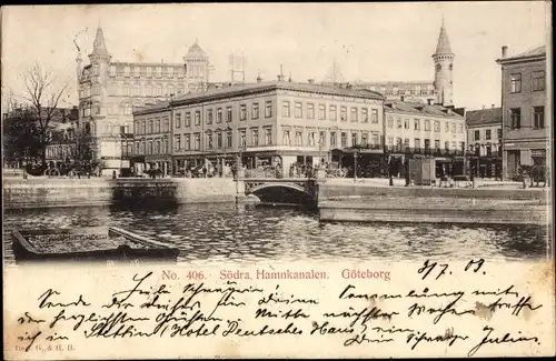 Ak Göteborg Schweden, Södra Hamnkanalen, Sicht über Kanal, Brücke, Kirche