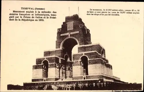 Ak Thiepval Somme, Monument anglais a la memoire des Armees francaises et britannique, Denkmal