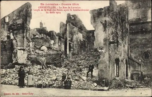 Ak Gerbeviller Meurthe et Moselle, la Rue de lorraine et l'angle de la Rue des posts, Kriegszerstöru