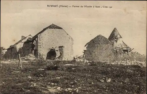 Ak Rosnay Marne, Ferme du Moulin a vent, zerstörte Mühle, 1. Weltkrieg