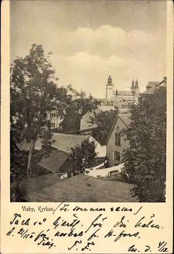 Ak Visby Wisby Schweden, Kyrkan, Blick über Dächer mit Kirche