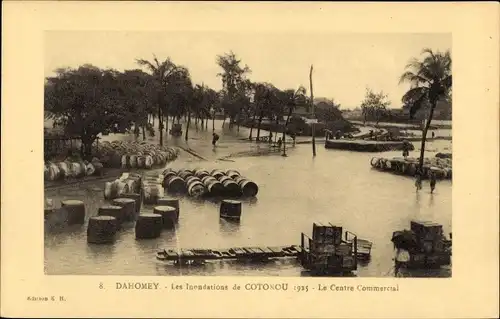 Ak Benin Dahomey Afrika, Les Inondations de Cotonou 1925, Le Centre Commercial, Fässer, Wasser
