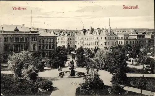 Ak Sundsvall Schweden, Vangafvan, Platz, Brunnen, Panorama