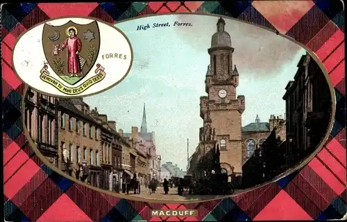 Passepartout Ak Forres Schottland, Wappen, High Street, Tartan MacDuff