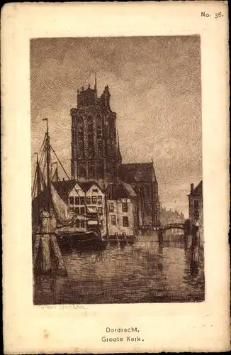 Ak Dordrecht Südholland Niederlande, Groote Kerk, Flußansicht, Brücke, Kirche