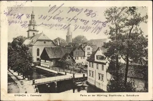 Ak Erbach im Odenwald Hessen, Partie an der Mümling, Stadtkirche und Schloßturm