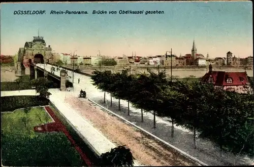 Ak Oberkassel Düsseldorf am Rhein, Rhein-Panorama, Brücke von Oberkassel gesehen