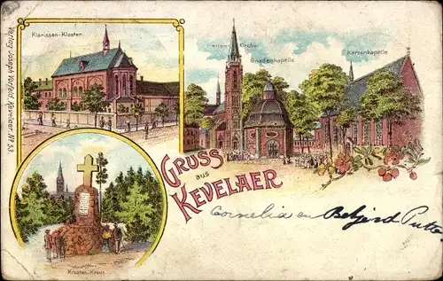 Litho Kevelaer am Niederrhein, Klarissen-Kloster, Gnadenkapelle, Kirche, Kreuz