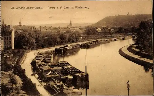 Ak St. Johann Saarbrücken im Saarland, Partie an der Saar mit Winterberg, Schiffe