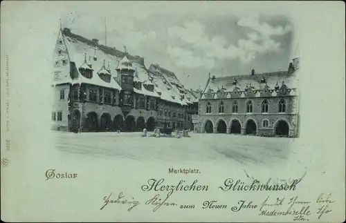 Mondschein Ak Goslar am Harz, Marktplatz, Brunnen, Winterlandschaft, Schnee
