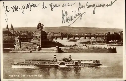 Ak Koblenz am Rhein, Deutsches Eck, Kaiser Wilhelm Denkmal, Passagierschiff