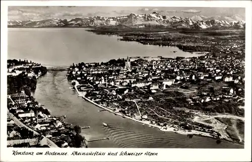 Ak Konstanz am Bodensee, Rheinausfluss und Schweizer Alpen, Panorama