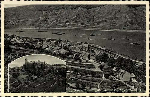 Ak Trechtingshausen am Rhein, Panorama, Burg, Strandbad