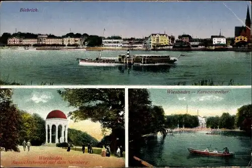 Ak Biebrich am Rhein Wiesbaden, Dampfer, Aussichtstempel auf den Neroberg, Kursaalweiher