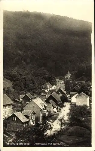 Ak Treseburg Thale im Harz, Dorfstraße mit Kirche