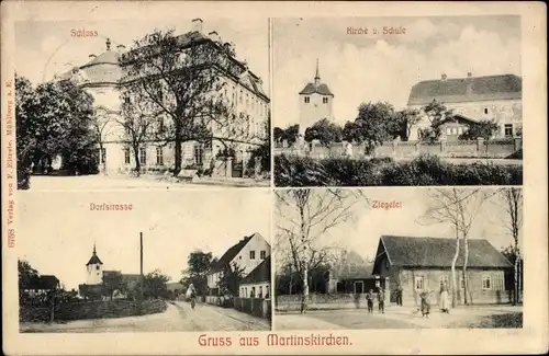 Ak Martinskirchen Mühlberg an der Elbe Brandenburg, Kirche, Schule, Dorfstraße, Schloss