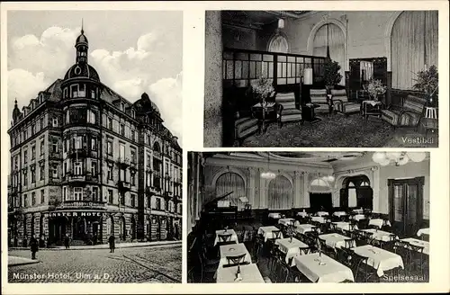Ak Ulm an der Donau Baden Württemberg, Münster Hotel, Vestibül, Speisesaal