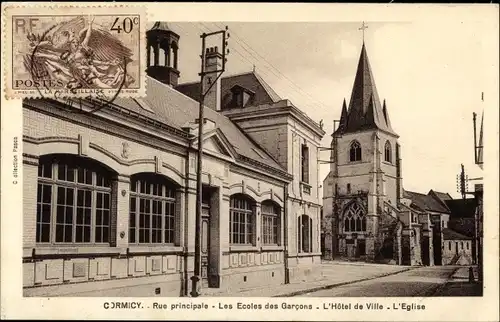 Ak Cormicy Marne, Rue principale, Les Ecoles des Garcons, L'Hotel de Ville, L'Eglise