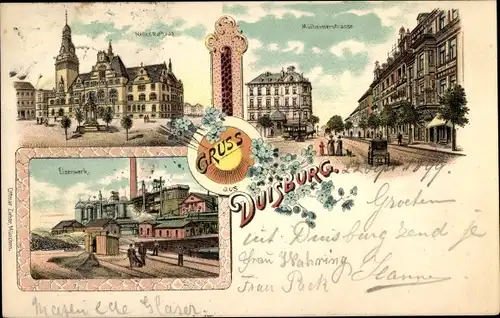 Litho Duisburg im Ruhrgebiet, Eisenwerk, Mülheimer Straße, neues Rathaus