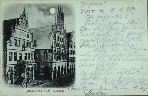 Mondschein Ak Münster in Westfalen, Rathaus und Stadt Weinhaus