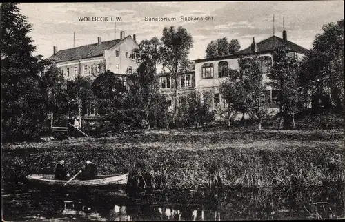 Ak Wolbeck Münster in Westfalen, Sanatorium, Rückansicht, Uferpartie, Ruderboot