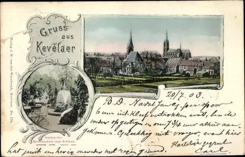 Ak Kevelaer am Niederrhein, Restaurant zum Schwan, Garten, Teilansicht mit Kirche