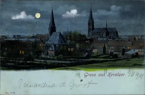 Mondschein Ak Kevelaer am Niederrhein, Teilansicht mit Kirche