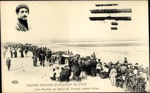 Ak Grande Semaine d'Aviation de Lyon, Louis Paulhan sur Biplan H. Farman