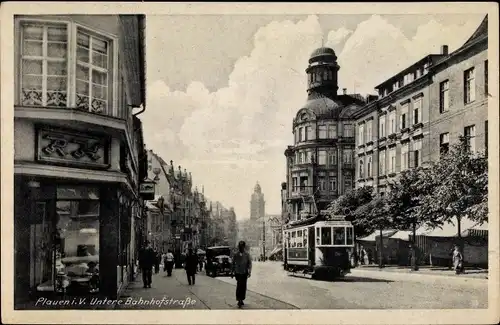 Ak Plauen im Vogtland, Untere Bahnhofstraße, Straßenbahn