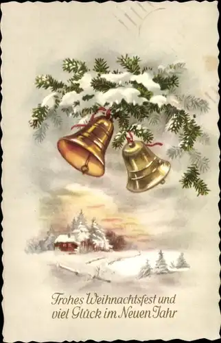 Ak Glückwunsch Weihnachten, Glocken, Tannzweige, Dorfansicht