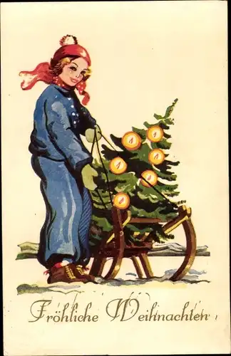Ak Glückwunsch Weihnachten, Mädchen, Tannenbaum, Schlitten
