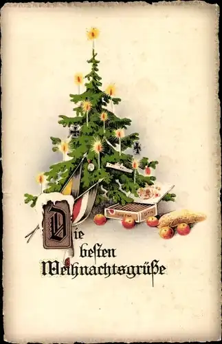 Ak Glückwunsch Weihnachten, Tannenbaum, Kaiserliche Fahne, Früchte