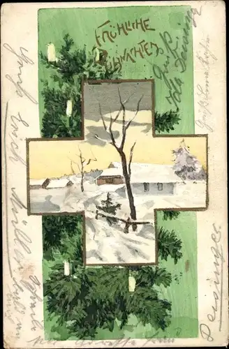 Litho Glückwunsch Weihnachten, Dorfansicht, Tannenbaum