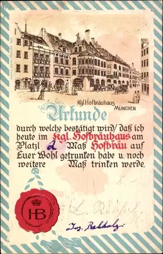 Präge Litho München Bayern, Kgl. Hofbräuhaus, Urkunde über 2 Maß Hofbräu