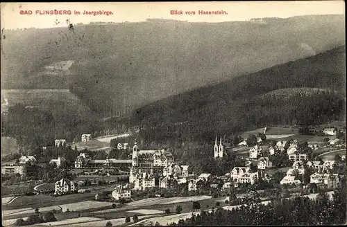 Ak Świeradów Zdrój Bad Flinsberg Schlesien, Blick vom Hasenstein auf den Ort, Isergebirge