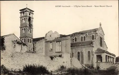 Ak Reims Marne, bombarde, L'Eglise Saint-Benoit, Kriegszerstörungen