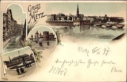 Litho Metz Moselle, Theater, Jungfernwehr u. Mittelbrücke, Gerbergasse